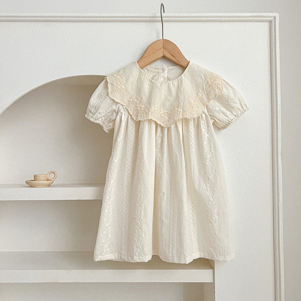 MyKids-USA® Girls Solid Color Simple Floral Embroidery Big Collar bodysuit And Dress – Princess Sister Matching Set