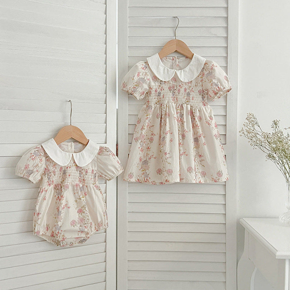MyKids-USA® Girls Peter Pan Collar Short Sleeves Floral Print bodysuit And Dress – Princess Sister Matching Set