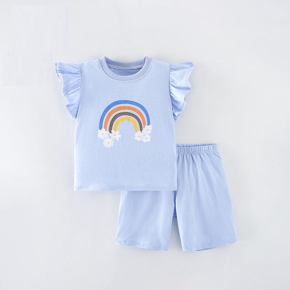 MyKids-USA® Baby Kids Girls Floral Rainbow Print T-Shirt And Shorts Clothing Set