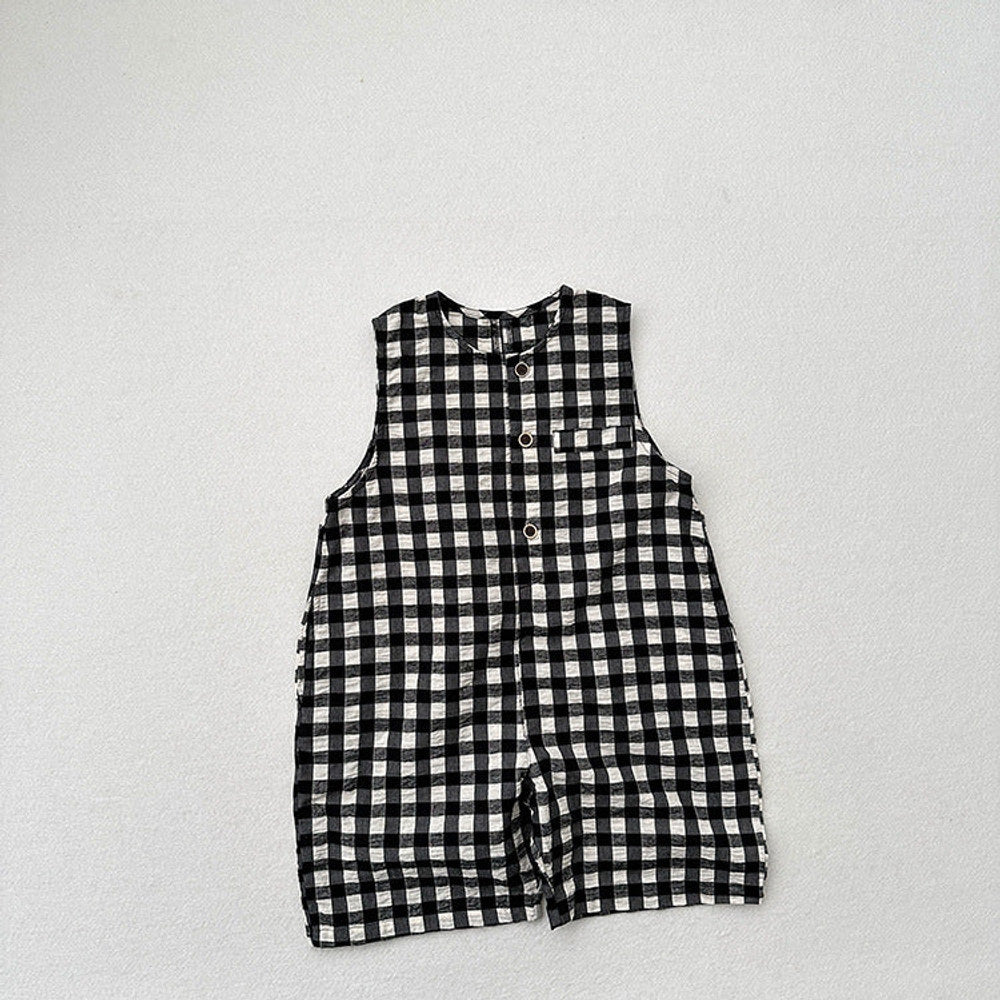 MyKids-USA® Arrival Summer Baby Kids Unisex Black Plaid Sleeveless Single Breasted Cotton Romper