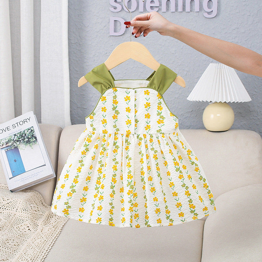 MyKids-USA® Girls Yellow Floral Pattern Sleeveless Strap bodysuit And Girls’ Dress – Princess Sister Matching Set