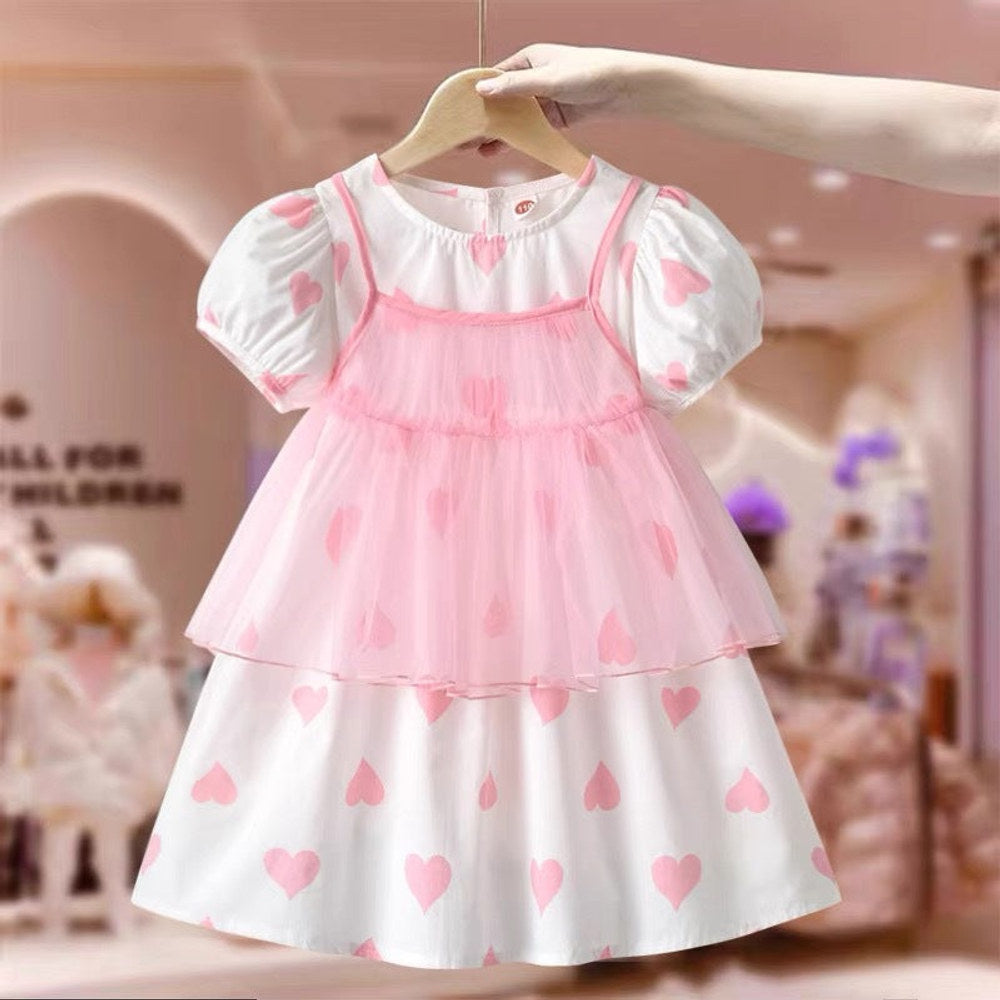 MyKids-USA® Kids Girls Short Sleeves Heart Print Sweet Mesh Princess Dress