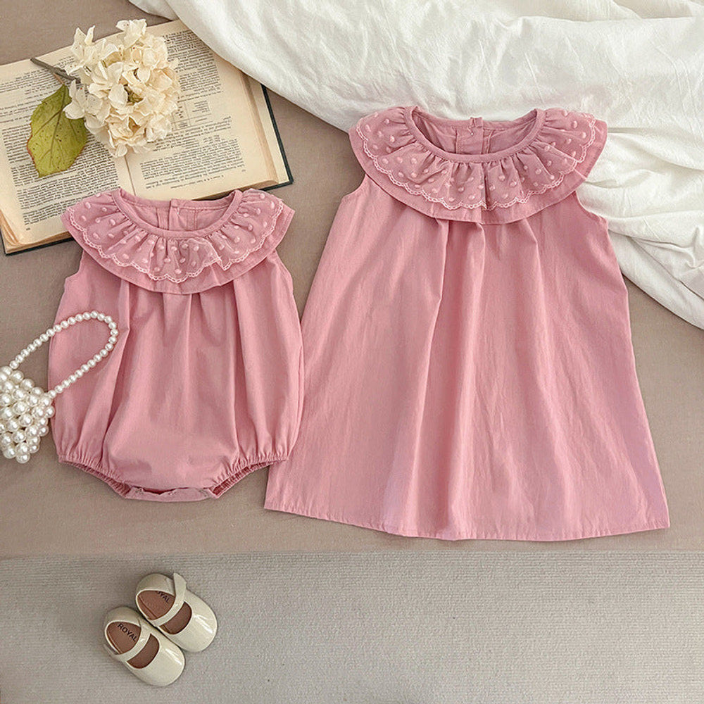 Summer Girls Solid Color Sleeveless Big Collar bodysuit And Girls’ Dress – Princess Sister Matching Set