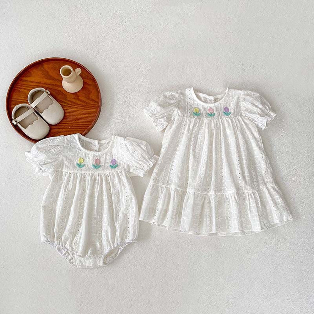 MyKids-USA® Baby Girls Flowers Embroidery Pattern Hollow Out Short Sleeves bodysuit