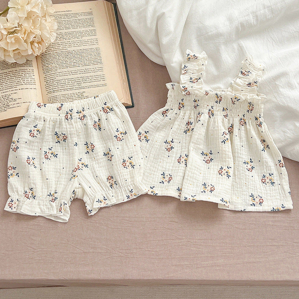 MyKids-USA® Baby Girls Sleeveless Floral Pattern Strap Top Dress And Shorts Clothing Set