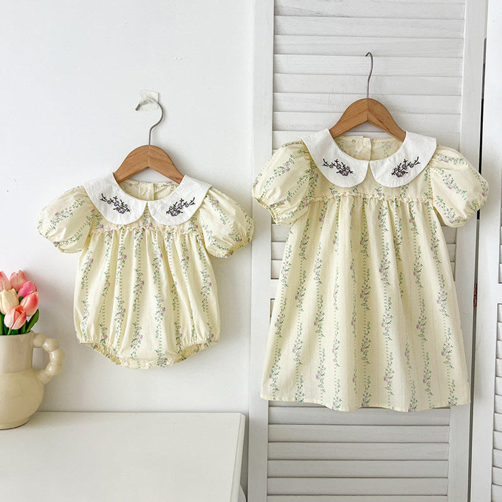 MyKids-USA® Design Baby Kids Girls Floral Striped Pattern Short Sleeves Embroidered bodysuit And Girls’ Dress – Princess Sister Matching Set