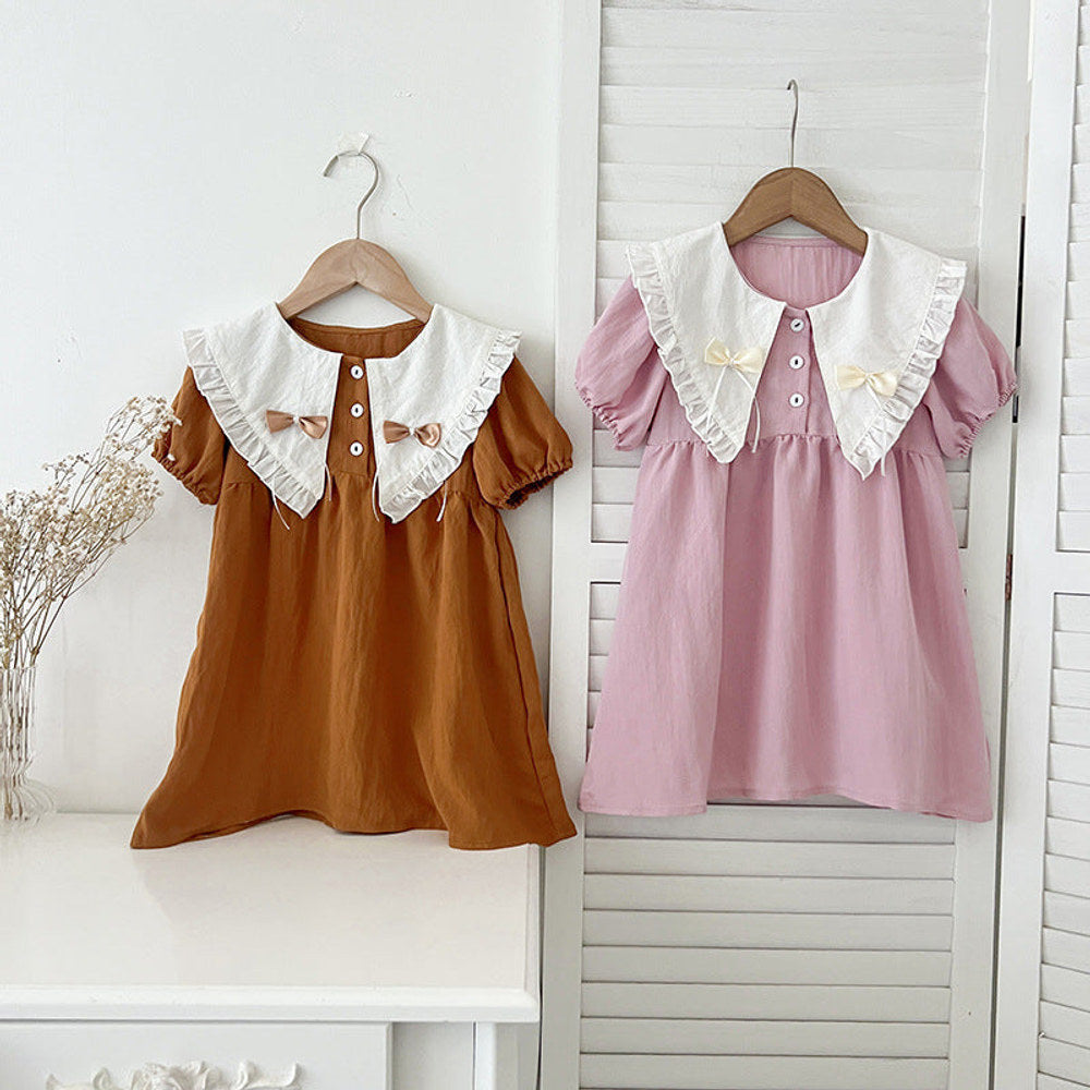 MyKids-USA® Girls Vintage Countryside Double-Bow Collar Short Sleeves Dress