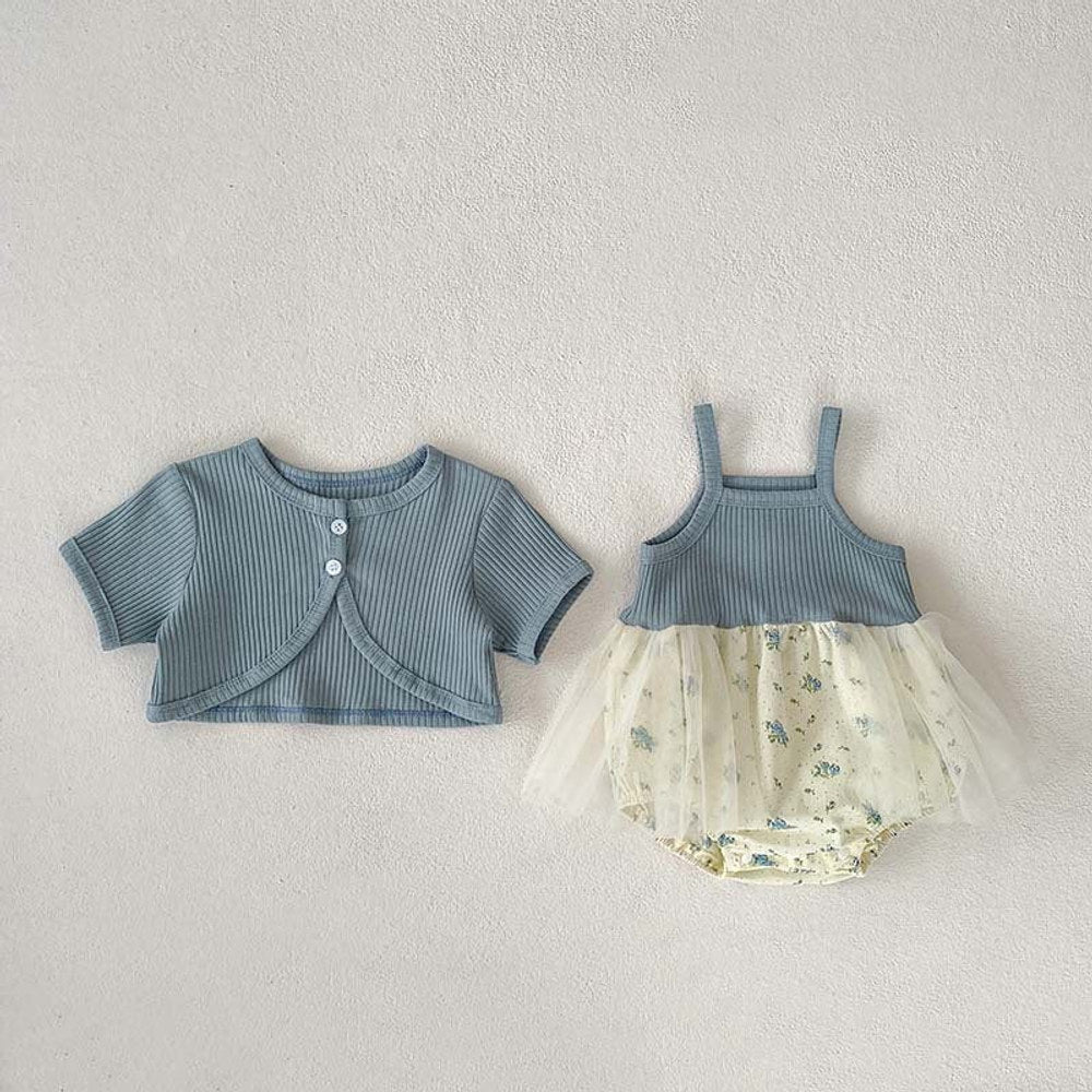 MyKids-USA® Baby Kids Girls Solid Color Short Sleeves Cardigan And Sleeveless Strap Tulle bodysuit – Sister Matching Set
