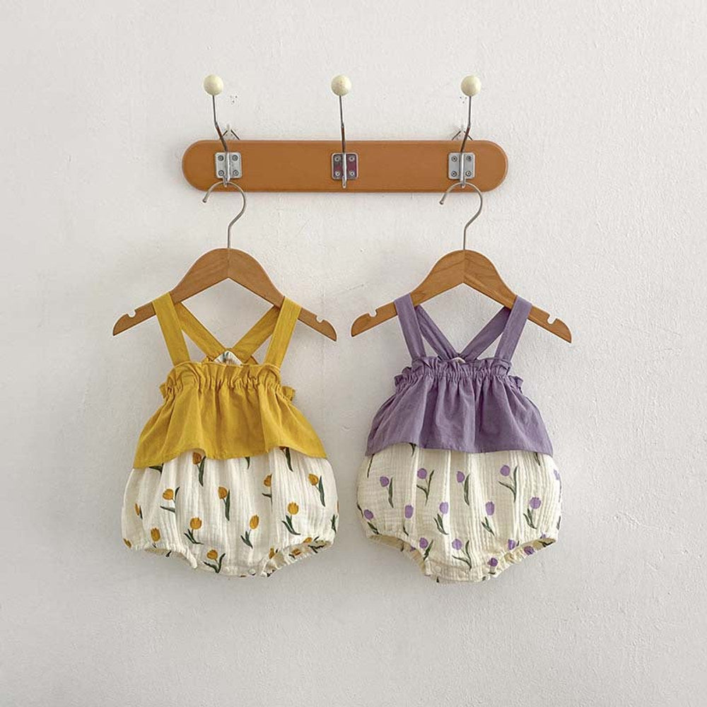 MyKids-USA® Baby Girls Sleeveless Flowers Pattern Color Patchwork Strap bodysuit