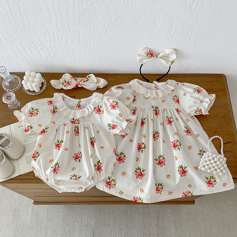 MyKids-USA® Girls Flowers Pattern Short Sleeves Hollow Out Ruffle Collar bodysuit And Dress – Sister Matching Clothing Set
