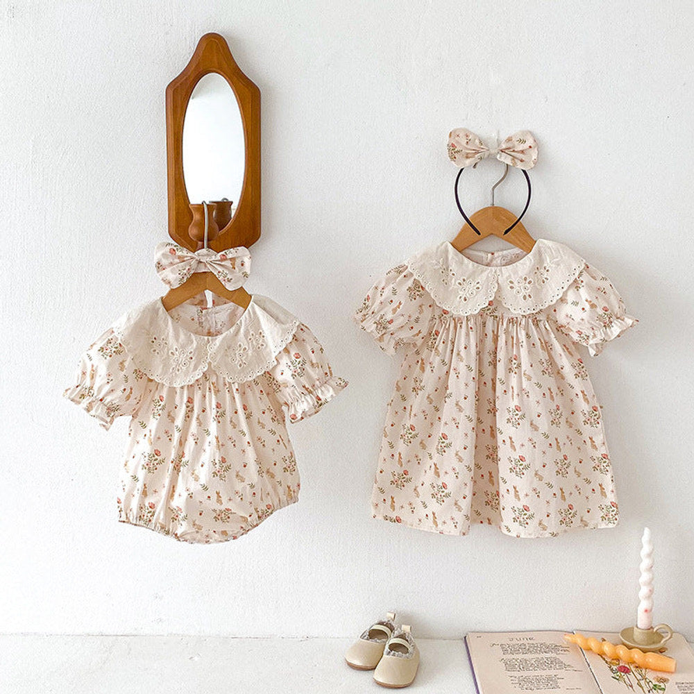 MyKids-USA® Girls Flowers And Animals Pattern Short Sleeves Hollow Out Collar bodysuit or Dress – Sister Matching