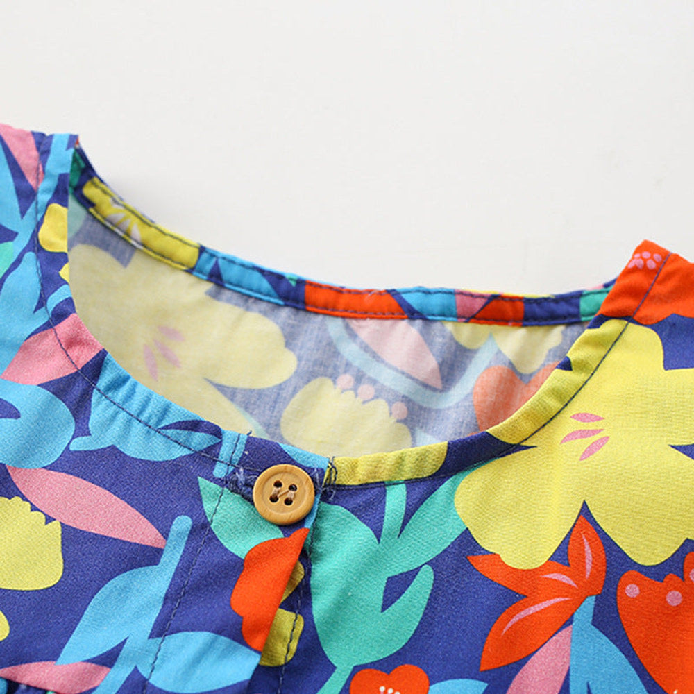 MyKids-USA® New Design Girls’ Colorful Flowers Pattern Single Breasted Fly Sleeves Dress