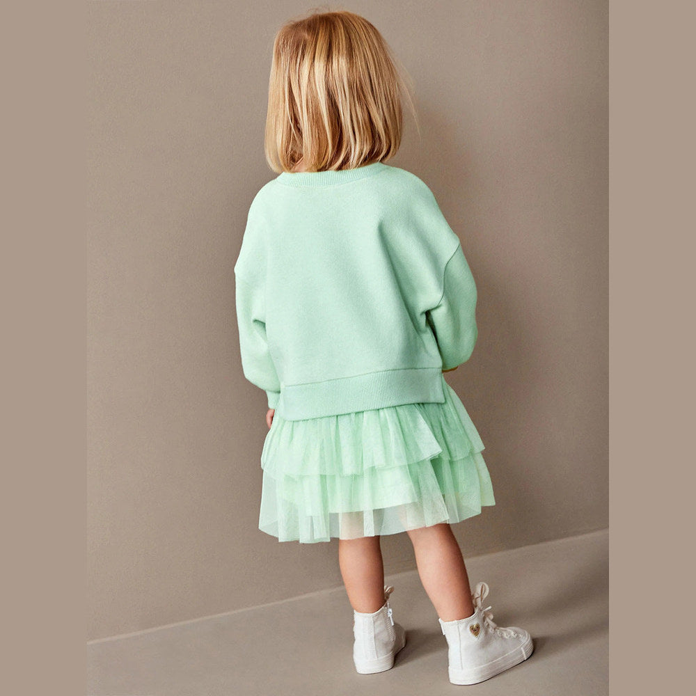 MyKids-USA® Design Girls Geometric Print Crew Neck Long Sleeves Green Tulle Patchwork Princess Dress