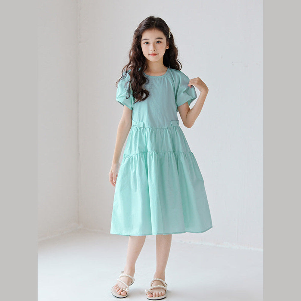 MyKids-USA Kids Girls Simple Style Solid Color Plain Cotton Short Sleeves Green Dress 120 (5-7Y) / Green