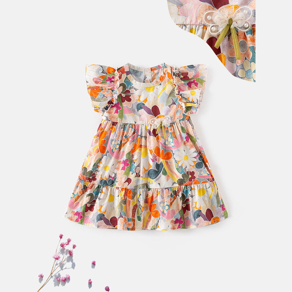 MyKids-USA® Baby Girls Floral Print Crew Neck Fly Sleeves Dress