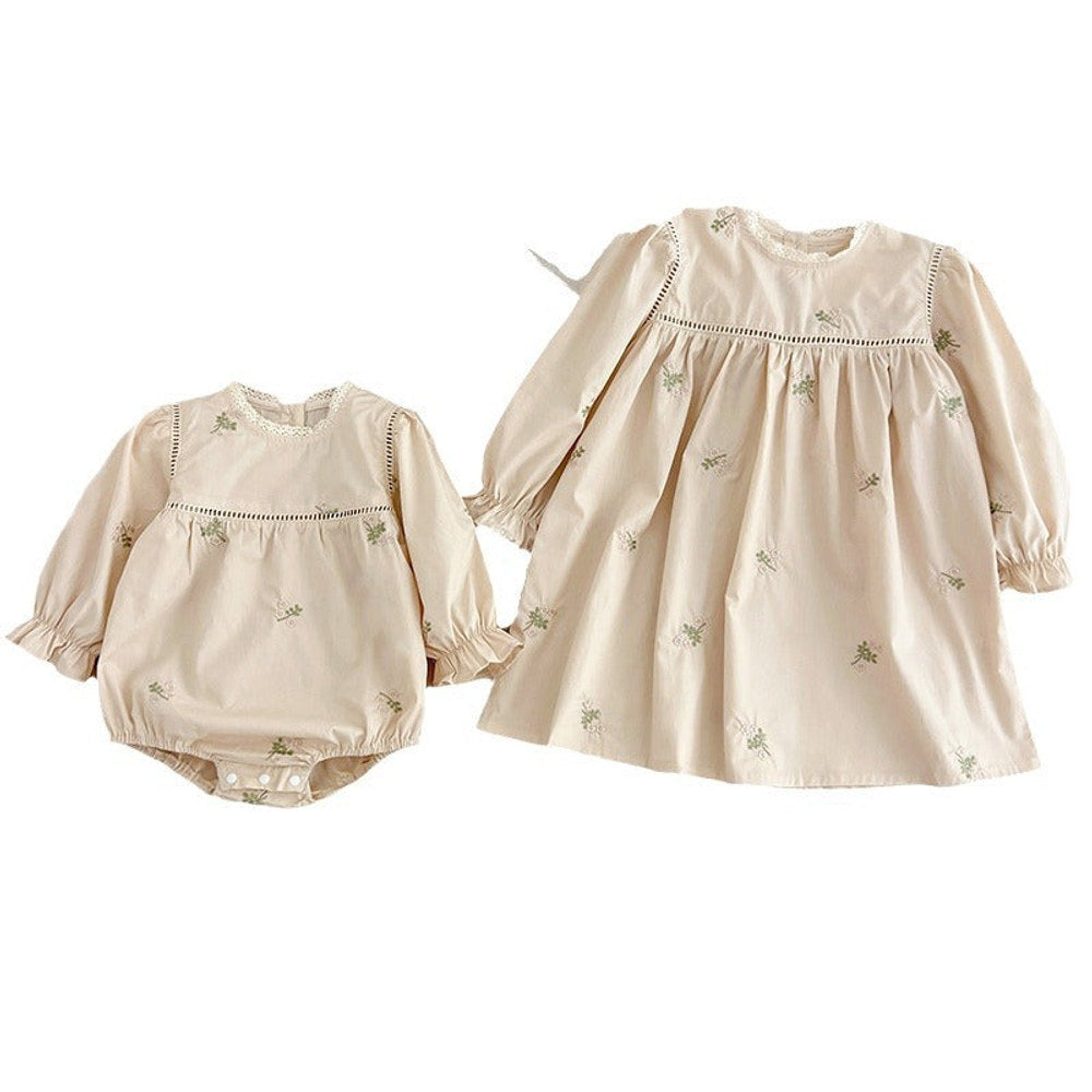 MyKids-USA® Floral Embroidery Pattern Baby Kids Girls Lace Trim Neck bodysuit or Dress – Princess Sister Matching