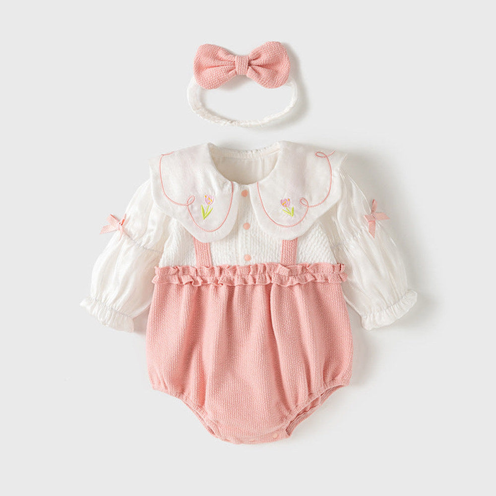 MyKids-USA® Baby Girls Flowers Pattern Embroidery Collar Color Patchwork bodysuit