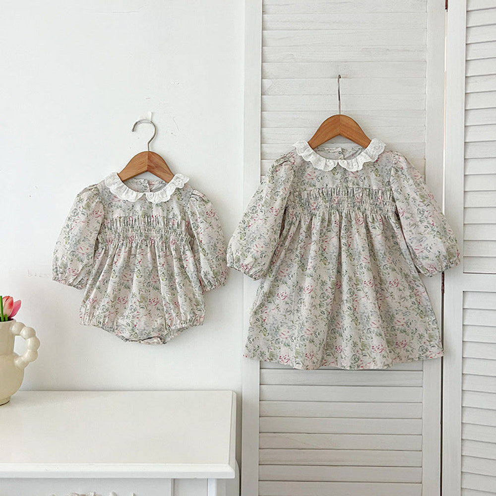 MyKids-USA® Baby Kids Girls Long Sleeves Light Green Floral French Collar bodysuit or Dress – Princess Sister Matching