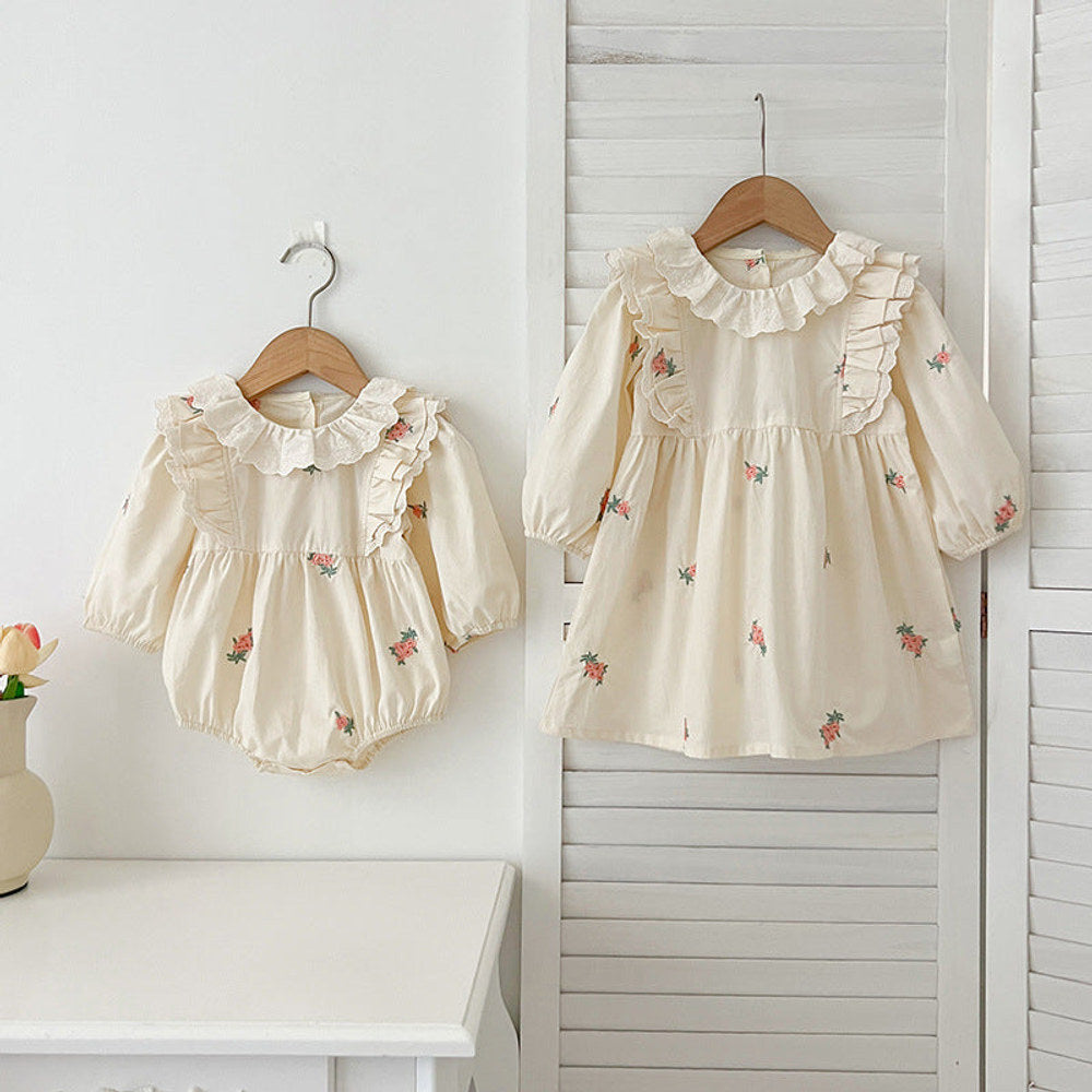 MyKids-USA® Baby Kids Girls Long Sleeves Floral Embroidery Pattern French Collar bodysuit or Dress – Princess Sister Matching