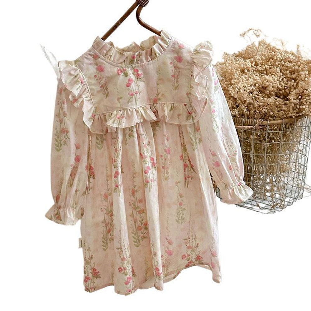 MyKids-USA® French Style Girls Floral Pattern Long Sleeves Ruffle Dress