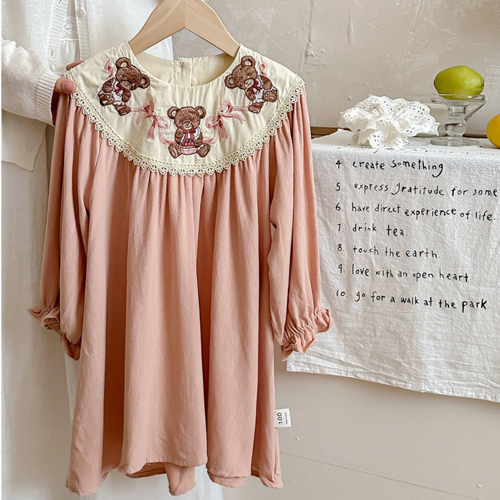 MyKids-USA® Girls Pink Long Sleeves Dress with Teddy Embroidery Collar