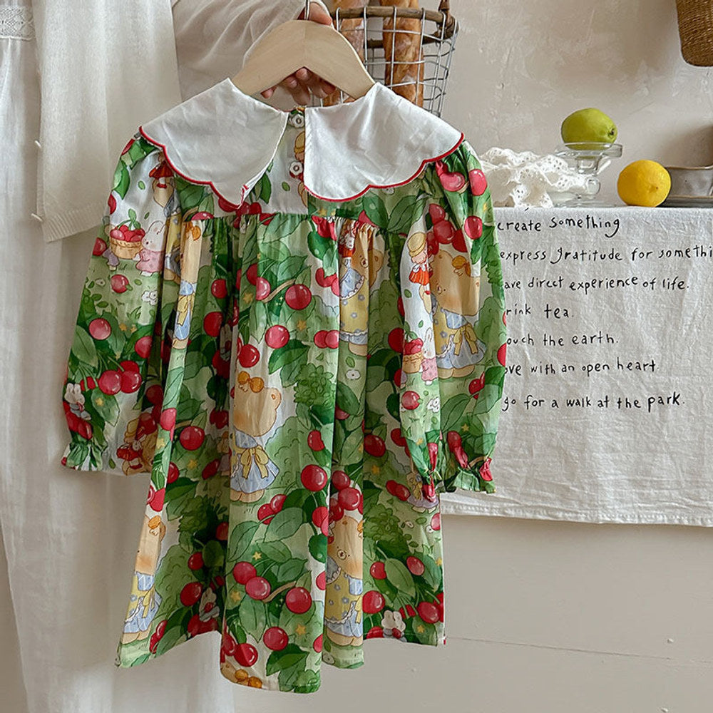 MyKids-USA® Girls Vivid Cherry and Teddy Pattern Long Sleeves Dress with Embroidery Collar