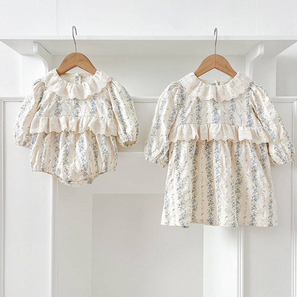 Arrival Autumn Baby Kids Girls Long Sleeves Blue Floral Pattern Hollow-out Collar bodysuit and Dress – Princess Sister Matching Set