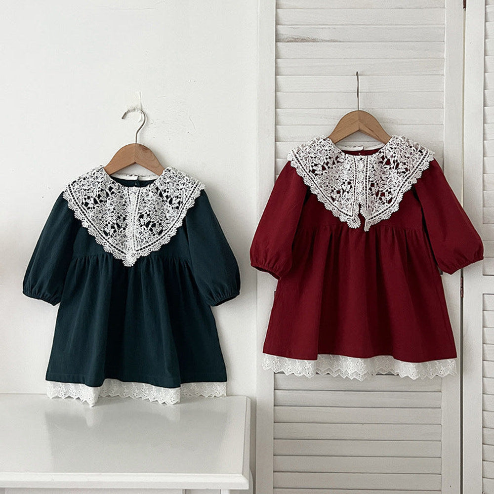 MyKids-USA® Baby Kids Girls Long Sleeves Vintage Hollow-out Lace Collar Dress