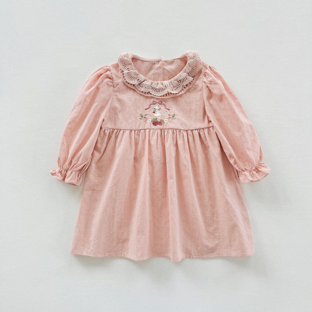 MyKids-USA® Girls Simple Cartoon Embroidery Pattern Long Sleeves Hollow-out Collar Dress