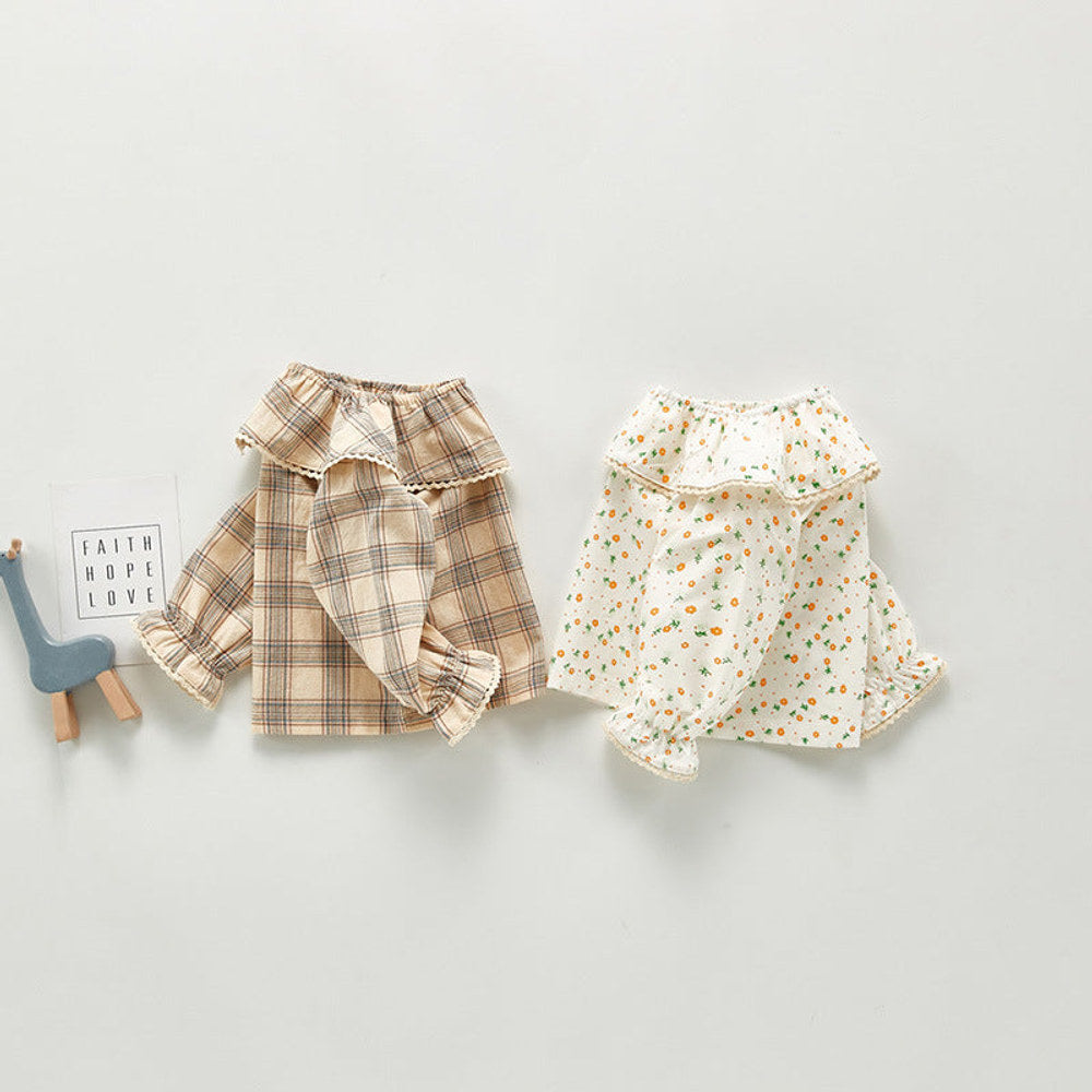 MyKids-USA® Kids Girls Plaid/Floral Long Sleeves Shirt with Collar