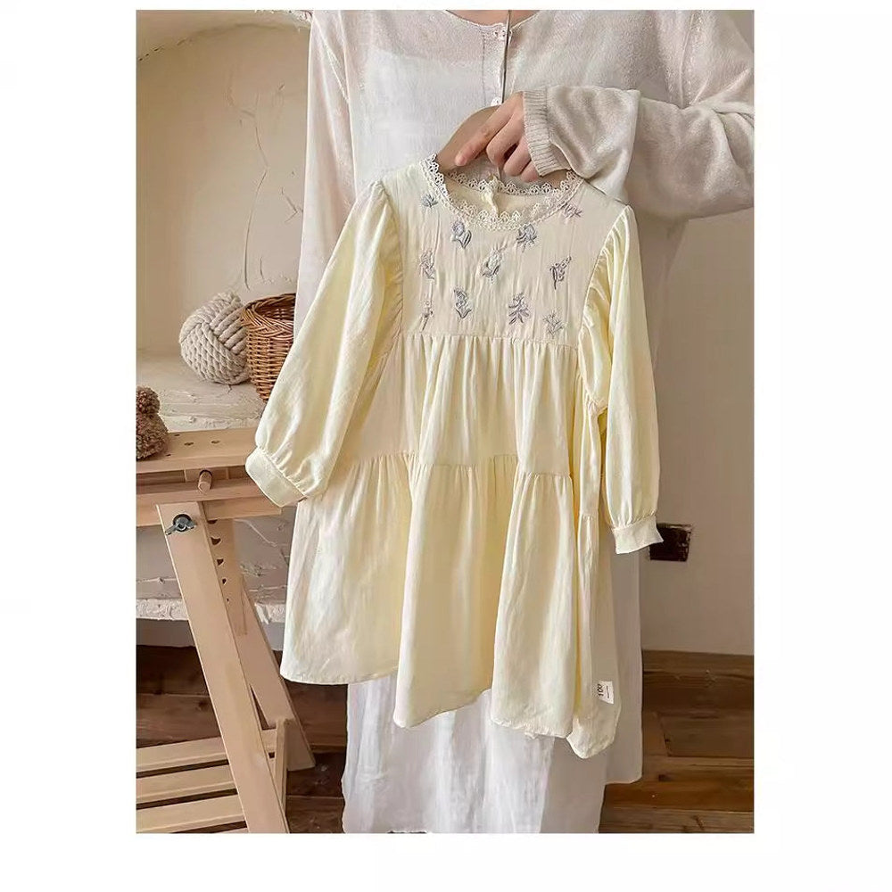 MyKids-USA® Design Girls Flowers Embroidery Pattern Long Sleeves French Style Lace Trim Ruffle Neck Dress