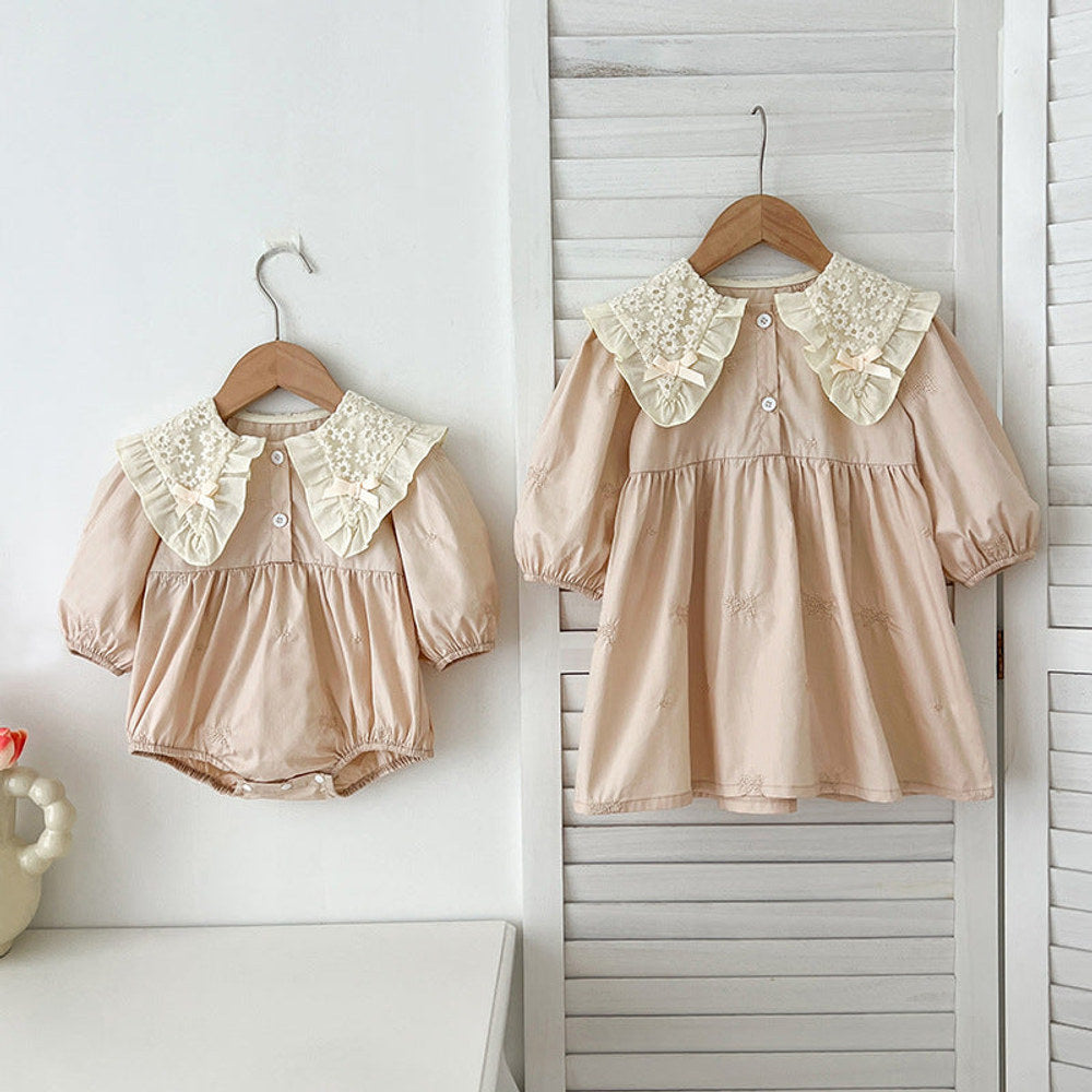 MyKids-USA® Baby Kids Girls Long Sleeves Bows Embroidery Pattern Floral Collar bodysuit or Dress – Princess Sister Matching