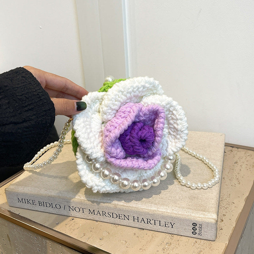MyKids-USA® Sweet Flower Ladies’ Knitted Mini Pearl Handbag