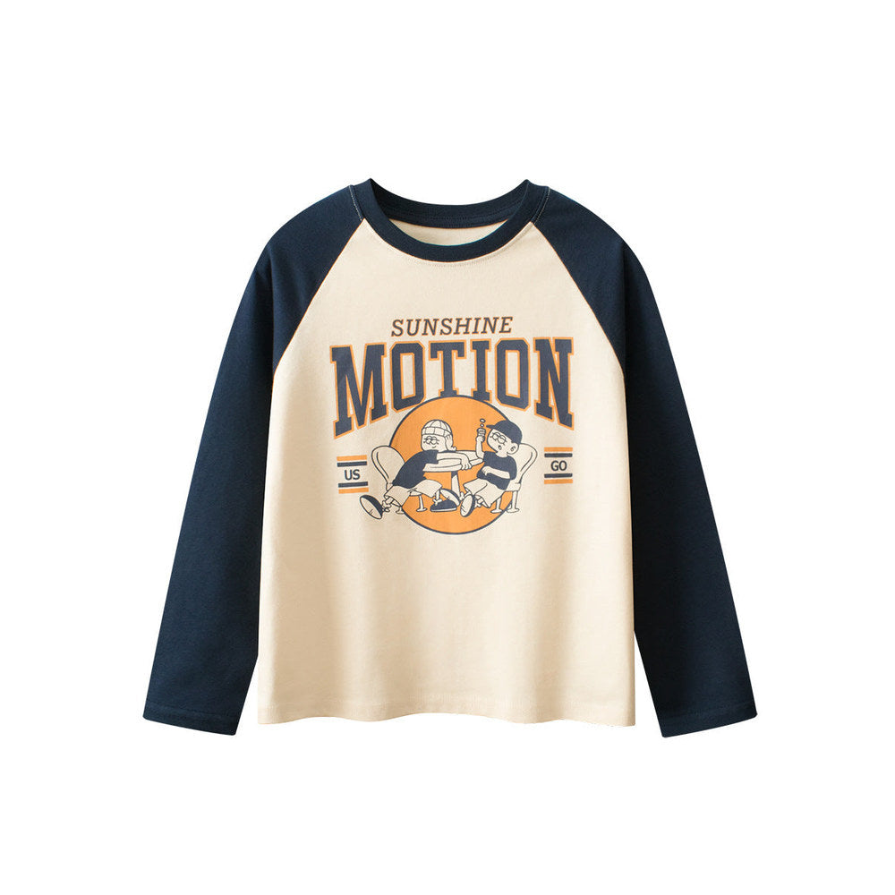 MyKids-USA® Kids Boys Cartoon Print Crew Neck Long Sleeves Color Patchwork Top