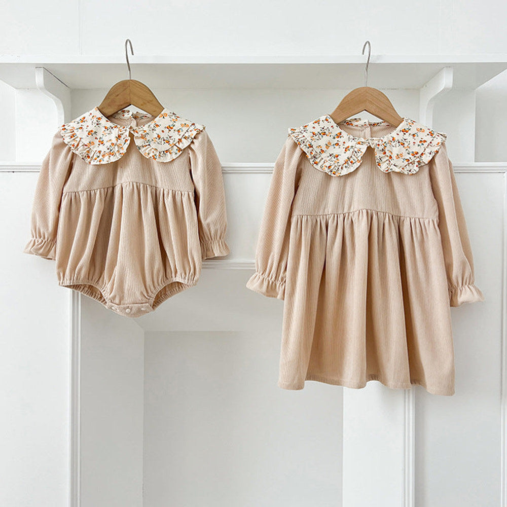 MyKids-USA® Baby Girls French-style Floral Collar Long-sleeved bodysuit or Dress – Princess Sister Matching