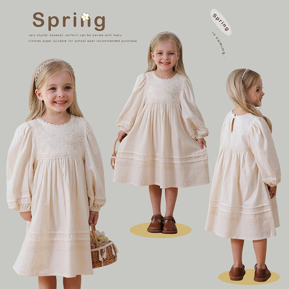 MyKids-USA® Solid Color Floral Pattern Long-sleeved Dress for Stylish Girls