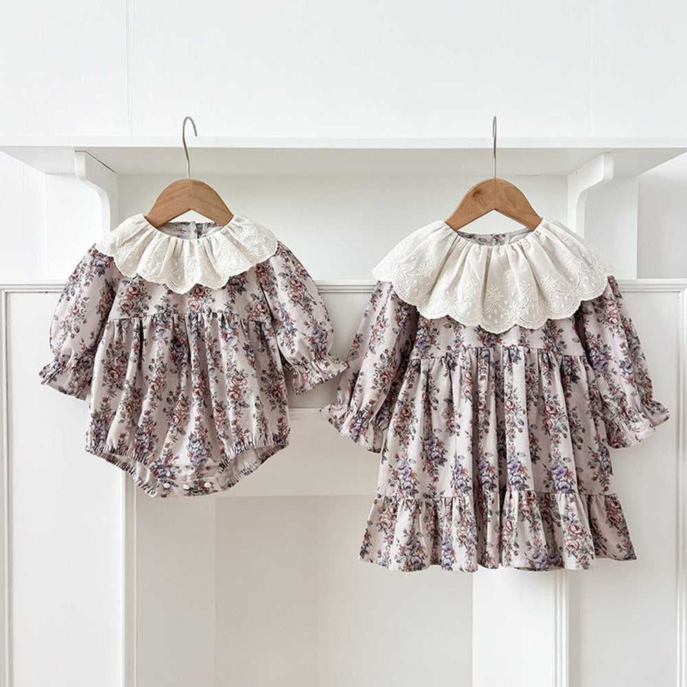 MyKids-USA® Baby Girls French-style Floral Printed Long-sleeved bodysuit or Dress – Princess Sister Matching
