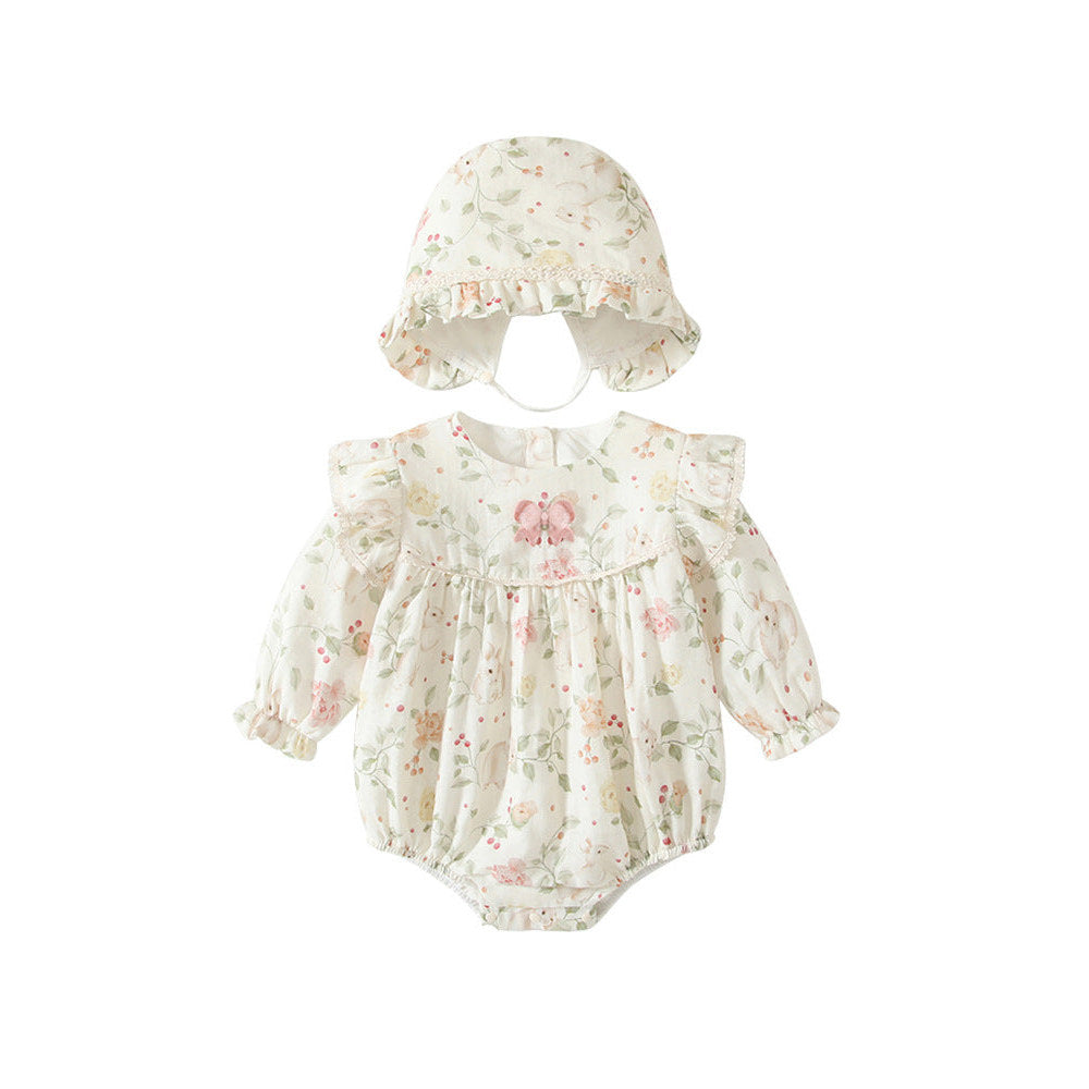 MyKids-USA® Baby Girls Flowers Pattern Long Sleeved bodysuit with Hat