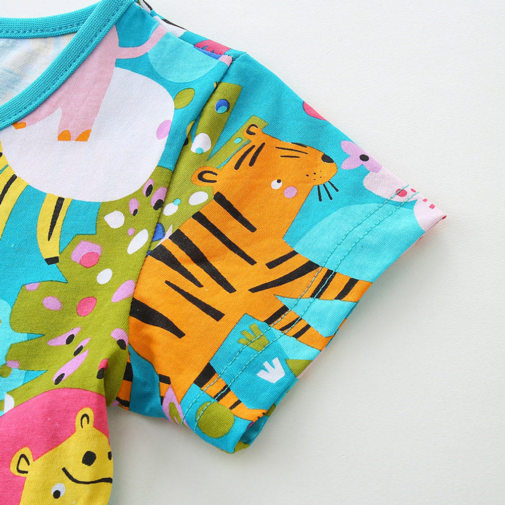 MyKids-USA® Pure Cotton Cartoon Jungle Animals Pattern Short Sleeves Dress for Stylish Girls