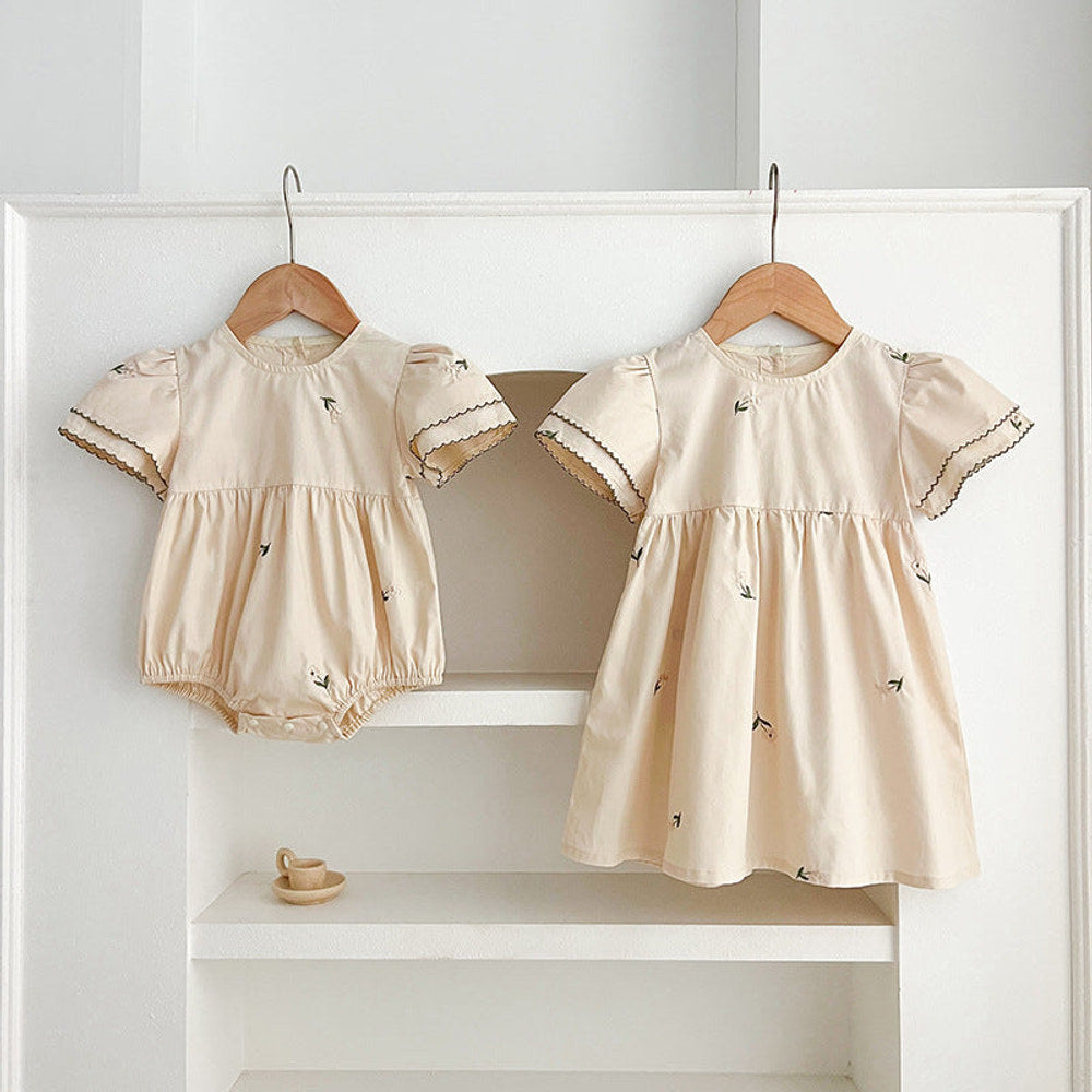MyKids-USA® Baby Girls French-style Flowers Embroidery Pattern Short-sleeved bodysuit or Dress – Princess Sister Matching