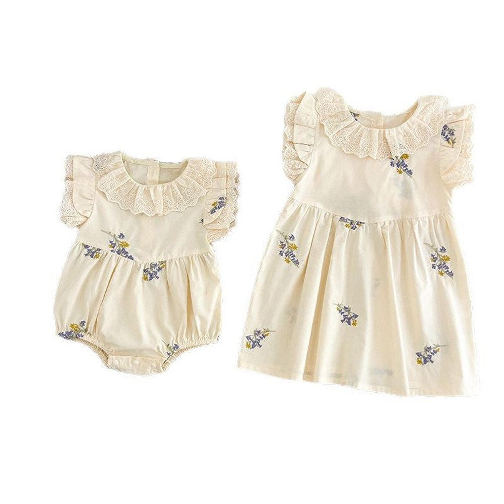 MyKids-USA® Baby Girls French-style Flowers Embroidery Pattern Fly-sleeved bodysuit or Dress – Princess Sister Matching