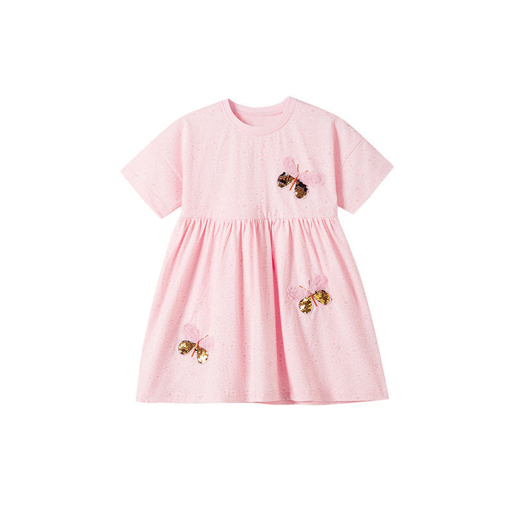 MyKids-USA® Sequin Butterfly Pattern Short Sleeves Pink Dress for Stylish Girls