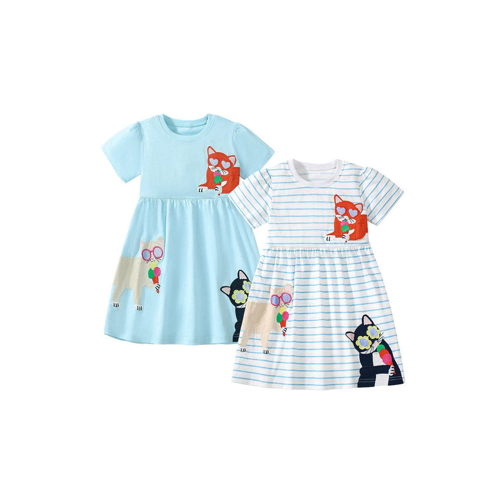 MyKids-USA® Pure Cotton Animals Cartoon Pattern Short Sleeves Dress for Stylish Girls