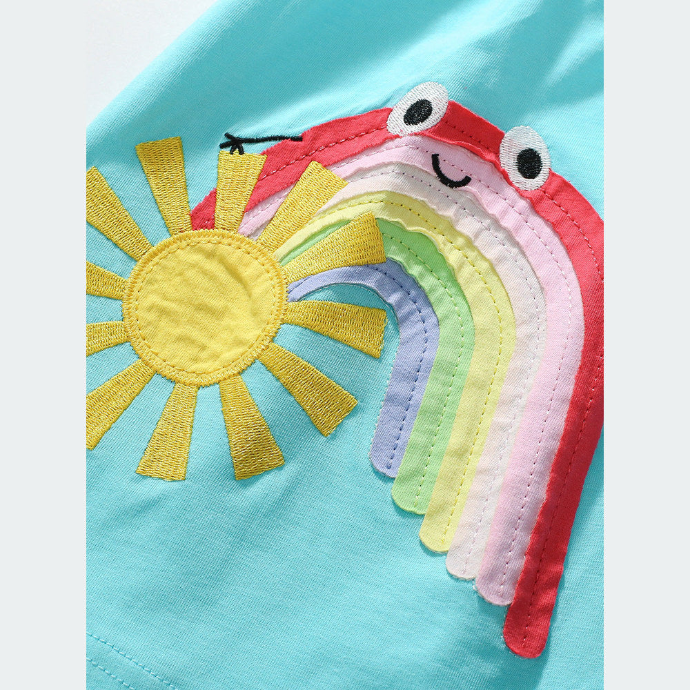 MyKids-USA® Pure Cotton Cartoon Rainbow Pattern Short Sleeves Dress for Stylish Girls