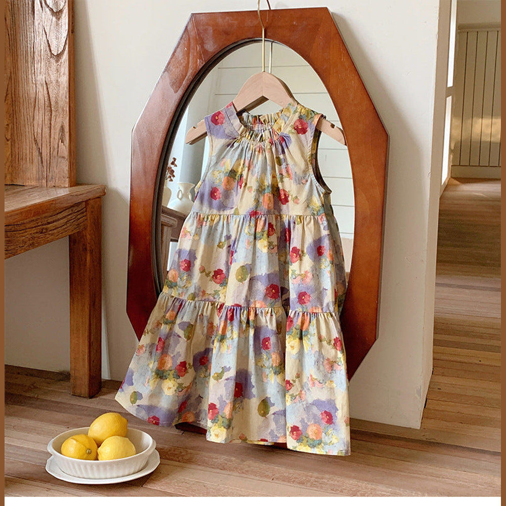 MyKids-USA® Baby Kids Girls Sleeveless Oil-Painting Flowers Pattern Dress