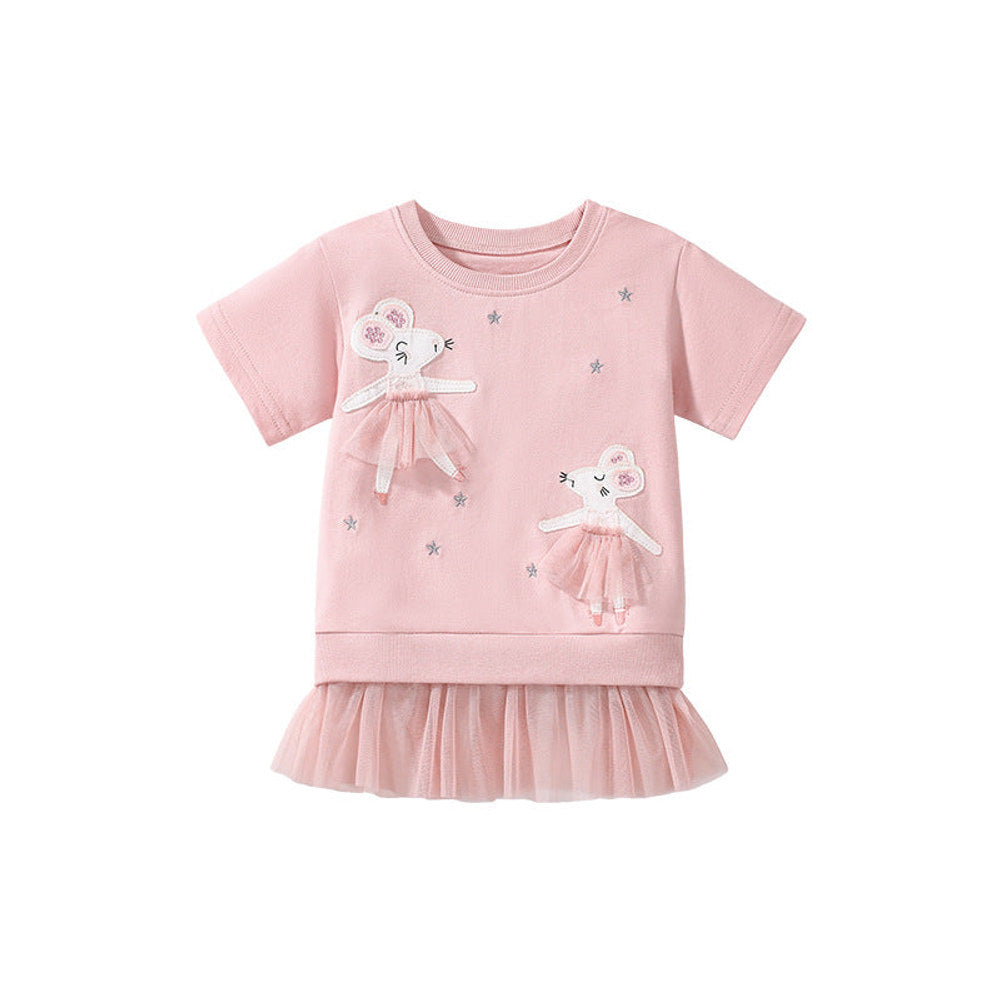MyKids-USA® Dancing Mouse Pattern Short Sleeves Tulle Dress for Stylish Girls