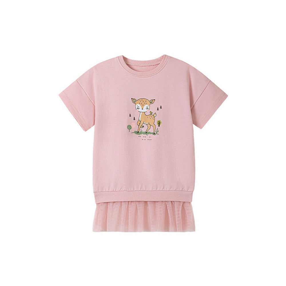 MyKids-USA® Cute Deer Pattern Short Sleeves Tulle Dress for Stylish Girls