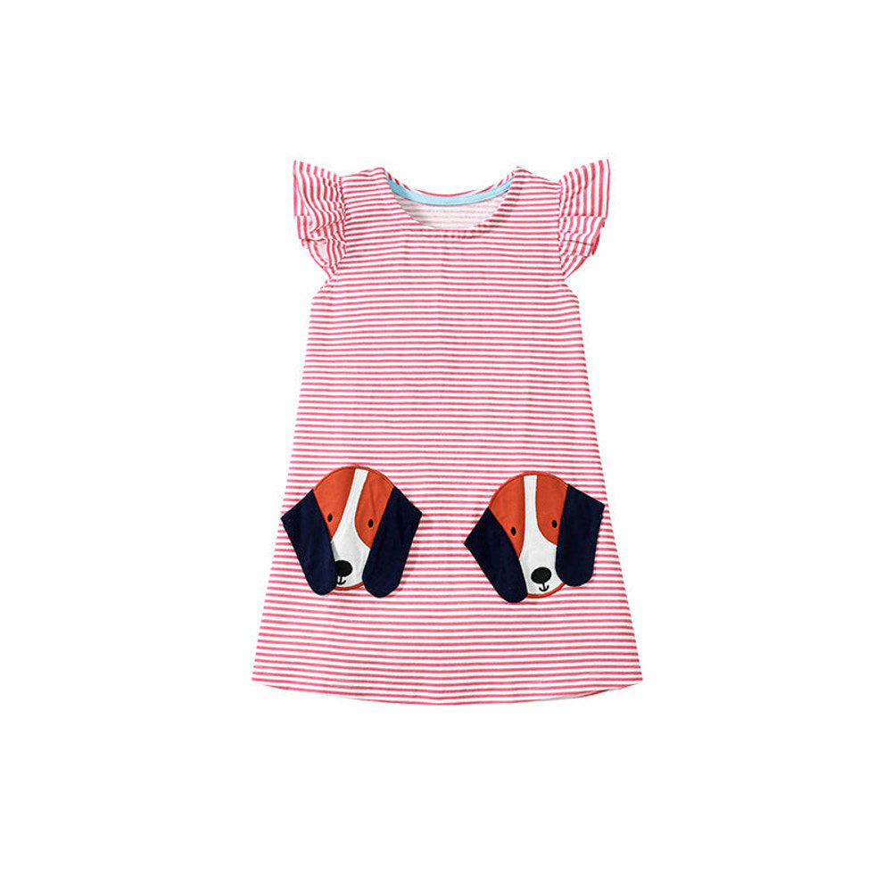 MyKids-USA® Cute Puppy Cartoon Pattern Short Sleeves Striped Dress for Stylish Girls