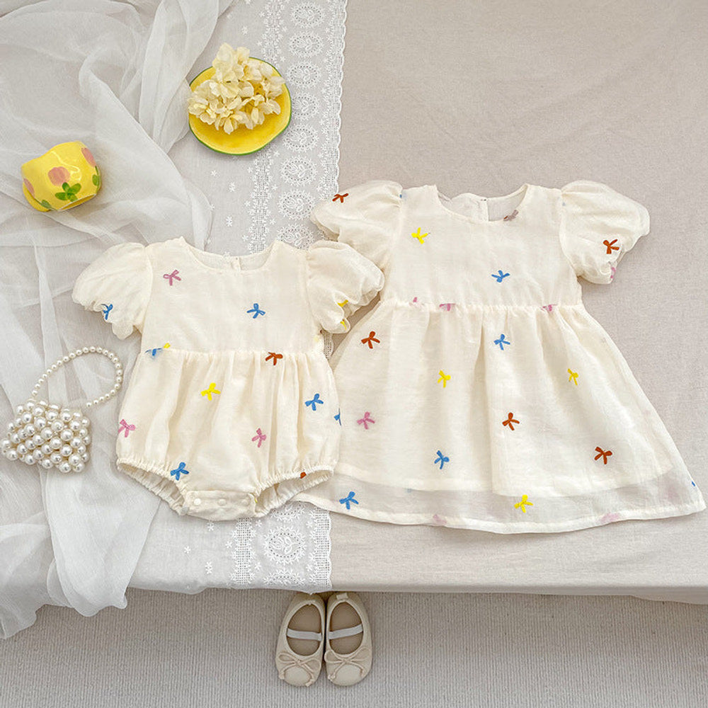 MyKids-USA® Baby Kids Girls Butterfly Bows Pattern Short Sleeves Crew Neck bodysuit or Girls’ Dress – Princess Sister Matching