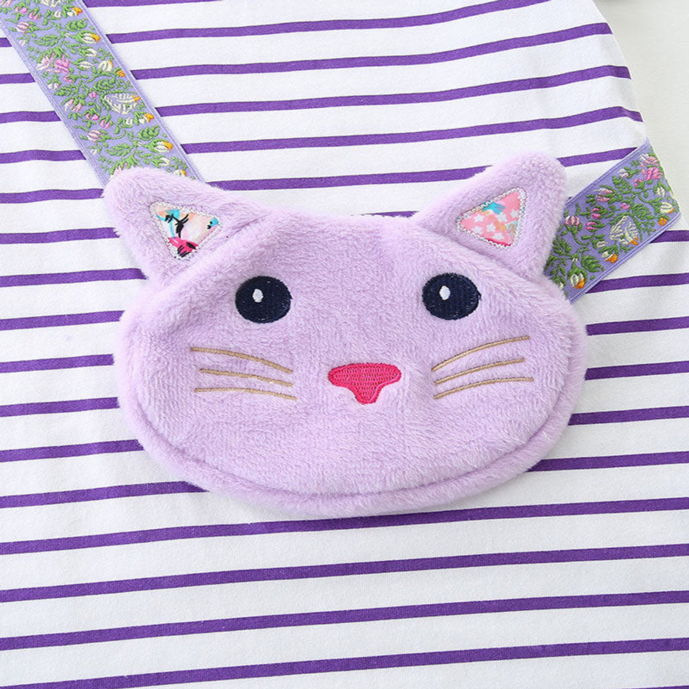 MyKids-USA® Cat Cartoon Pattern Short Sleeves Striped Dress for Stylish Girls